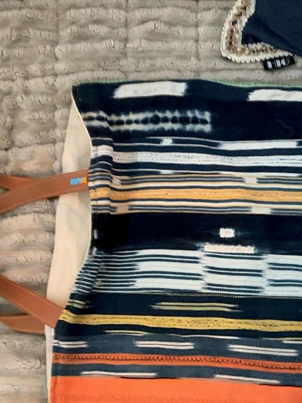 Ubuntu Life African Baule Cloth Extra Large Tote Bag Navy Multi Stripe